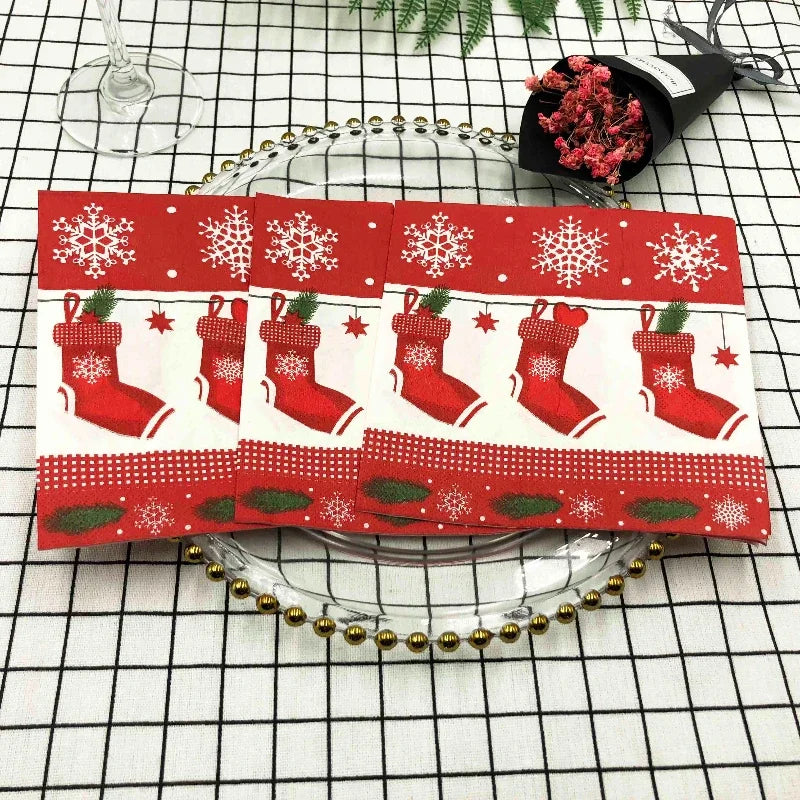 Christmas Party Decoration Paper Christmas Elements Printed Napkins Christmas Stockings Wine Glasses Flowers Paper Placemats