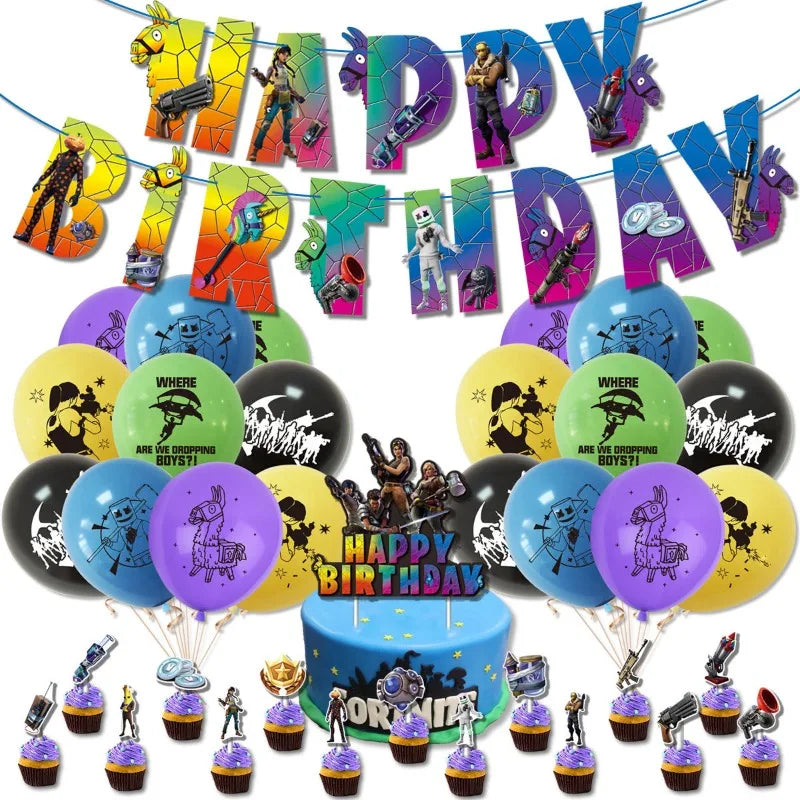 Fortnite Birthday Party Decoration Set Banner Cake Flag Game Series Backdrop Alpaca Balloon Baby Shower Kids Party Supplies Gift