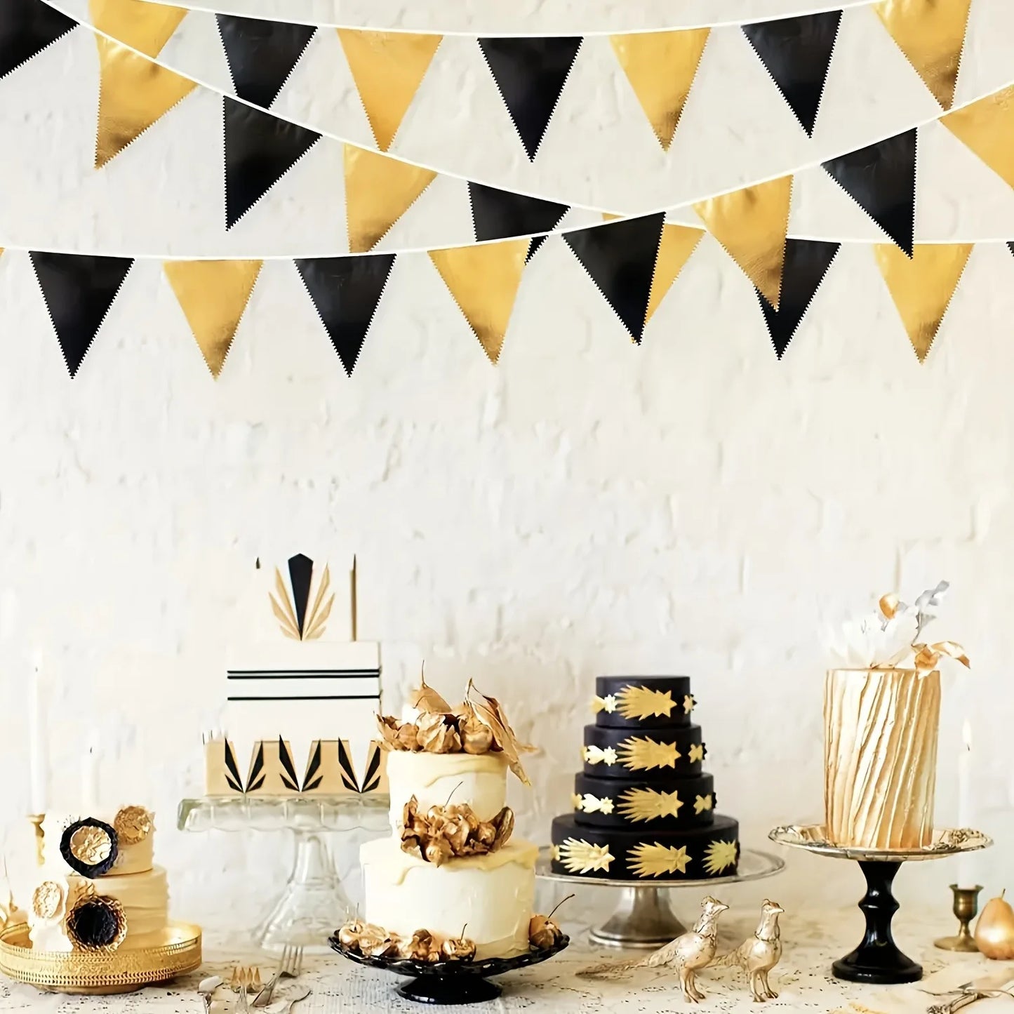 1 Set Black Golden Party Decorations Triangle Pennant Banner Flag Garland Birthday Graduation Wedding Engagement Party Supplies