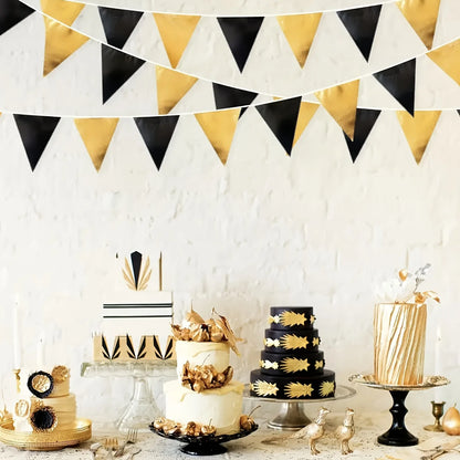 1 Set Black Golden Party Decorations Triangle Pennant Banner Flag Garland Birthday Graduation Wedding Engagement Party Supplies