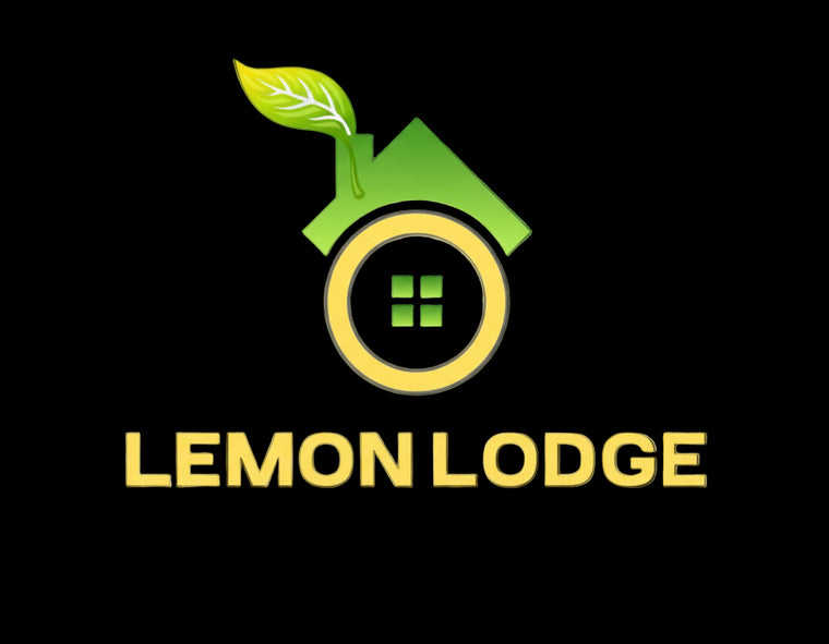 Logo of Lemon Lodge with a green house and leaf on no background