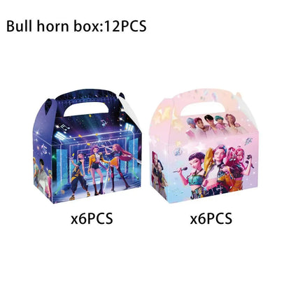 Kpop Demon Hunters Theme Disposable Tableware Set Party Supplies Huntrix Saga Boys Cake Toppings Hanging Cloth Party Decoration