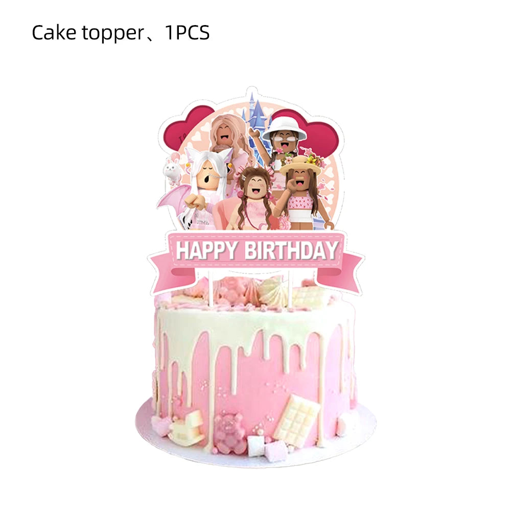 Pink Robloxed Theme Birthday Party Decorations Tableware Set Balloons Cups Plates Banner Backdrop for Girls Baby Shower Supplies