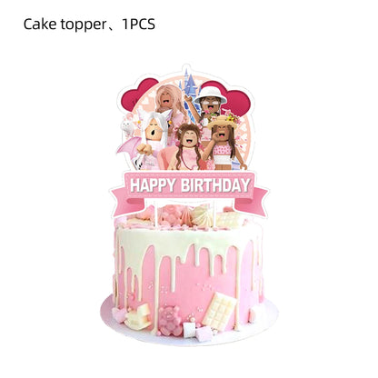 Pink Robloxed Theme Birthday Party Decorations Tableware Set Balloons Cups Plates Banner Backdrop for Girls Baby Shower Supplies