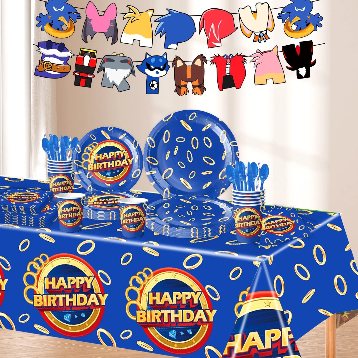 Sonic boys and girls' birthday party decorations, baby party decorations, disposable tableware stickers，tablecloths，back drop。