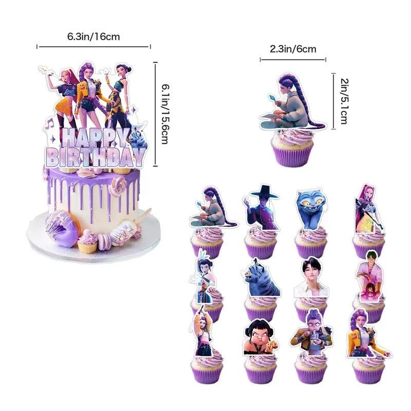 Kpop Demon Hunters Theme Disposable Tableware Set Party Supplies Huntrix Saga Boys Cake Toppings Hanging Cloth Party Decoration