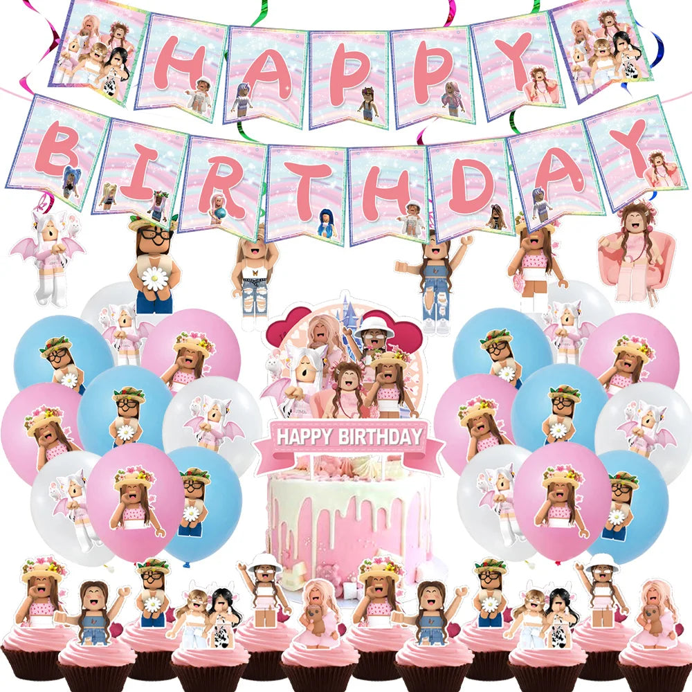 Pink Robloxed Theme Birthday Party Decorations Tableware Set Balloons Cups Plates Banner Backdrop for Girls Baby Shower Supplies