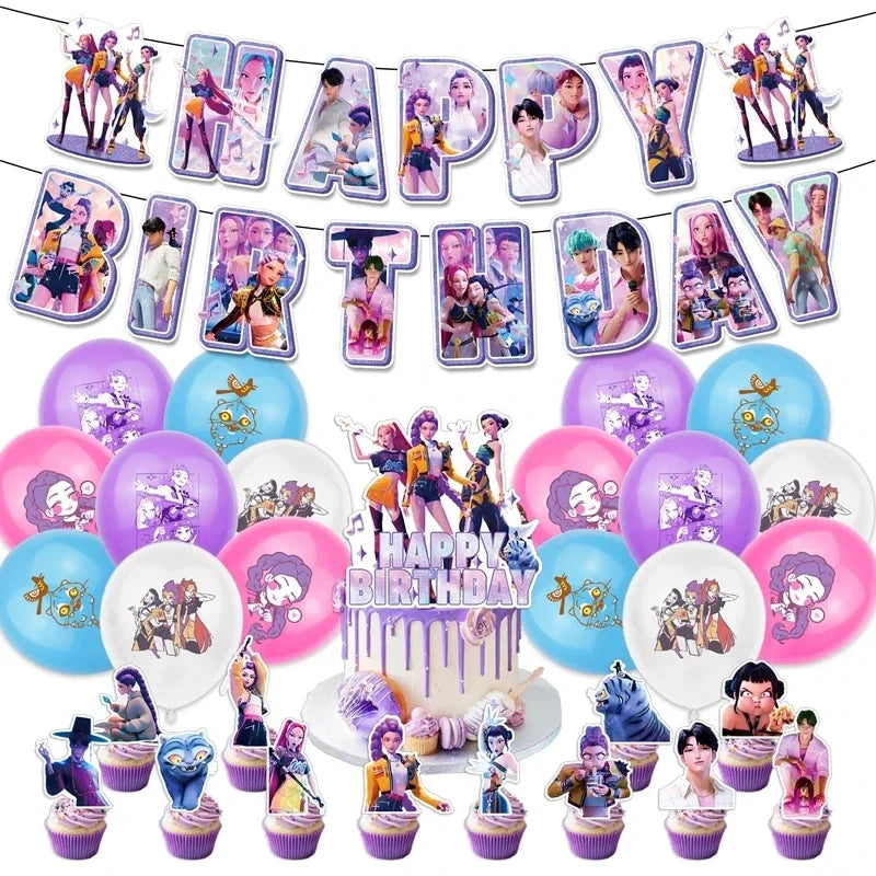 Demon Hunters Party Cutlery Set Banner Backdrop Balloons Cake Topper Outdoor Picnic Supply Birthday for Korean Kpop Anime Party
