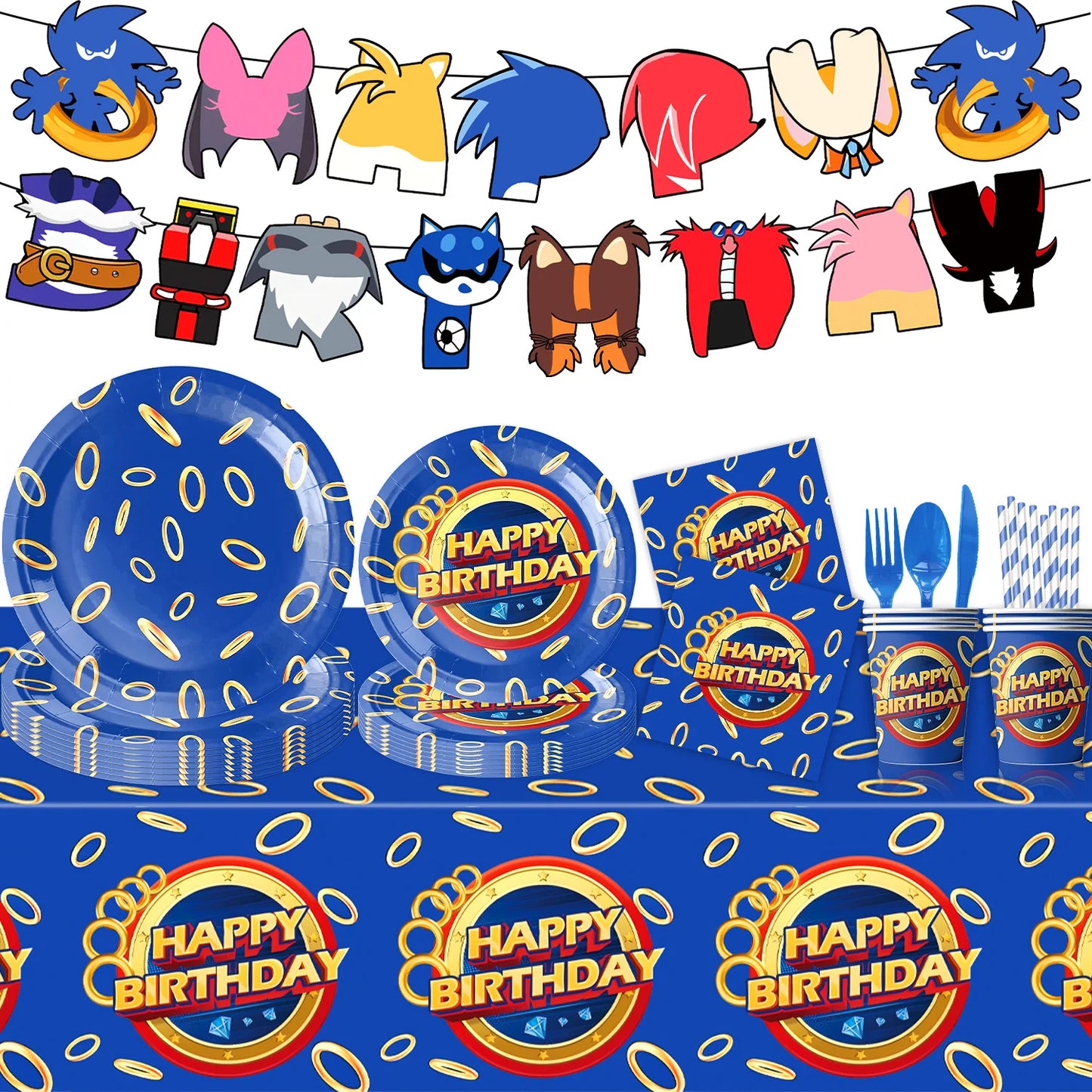 Sonic boys and girls' birthday party decorations, baby party decorations, disposable tableware stickers，tablecloths，back drop。