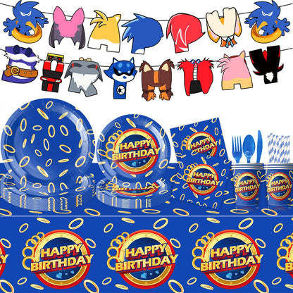 Sonic boys and girls' birthday party decorations, baby party decorations, disposable tableware stickers，tablecloths，back drop。