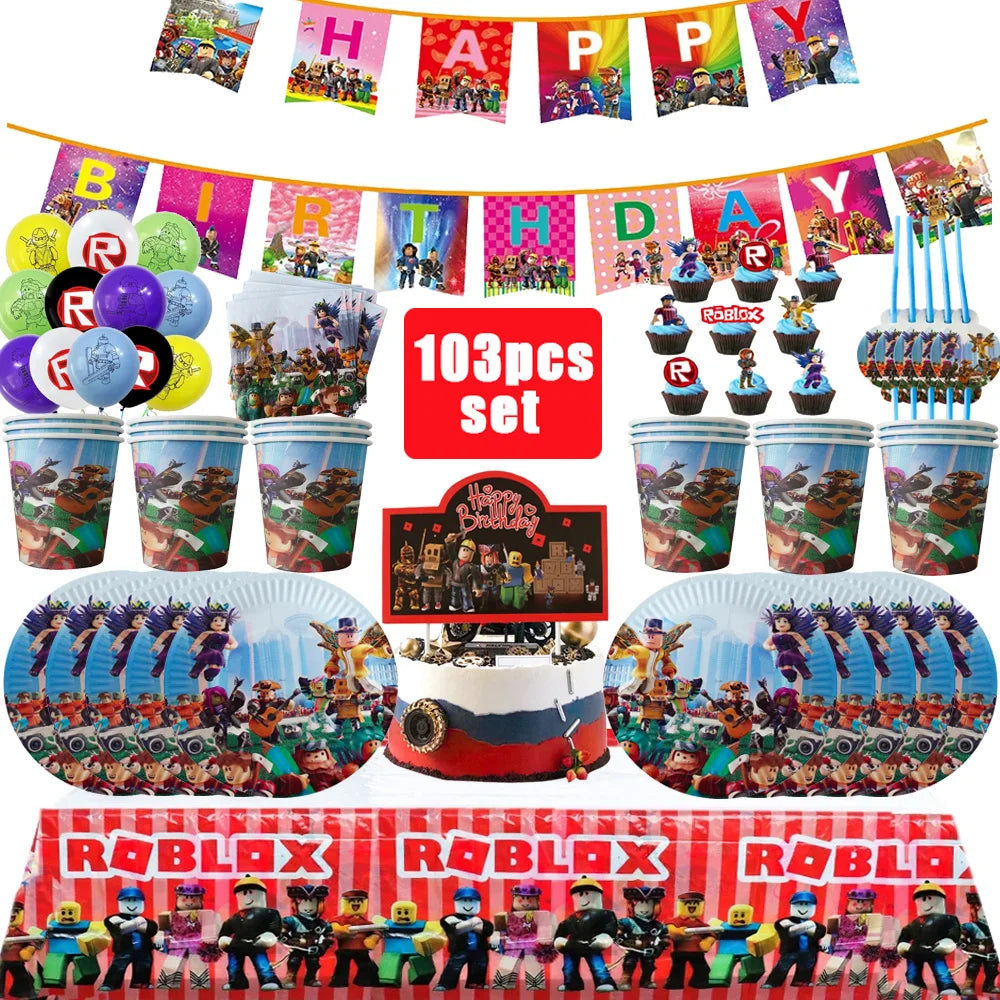 Roblox Birthday Party Decoration Roblox Game Set Tableware Tablecloth Balloon Cake Topper Backdrop Baby Showe Toy Party Supplies
