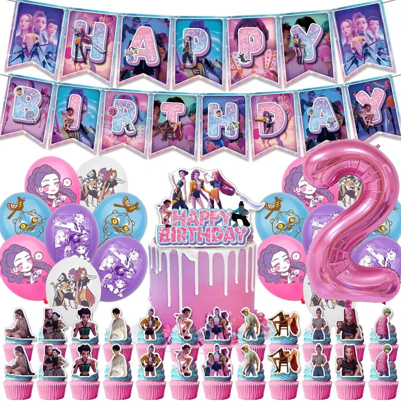 Kpop Demon Hunters Theme Disposable Tableware Set Party Supplies Huntrix Saga Boys Cake Toppings Hanging Cloth Party Decoration