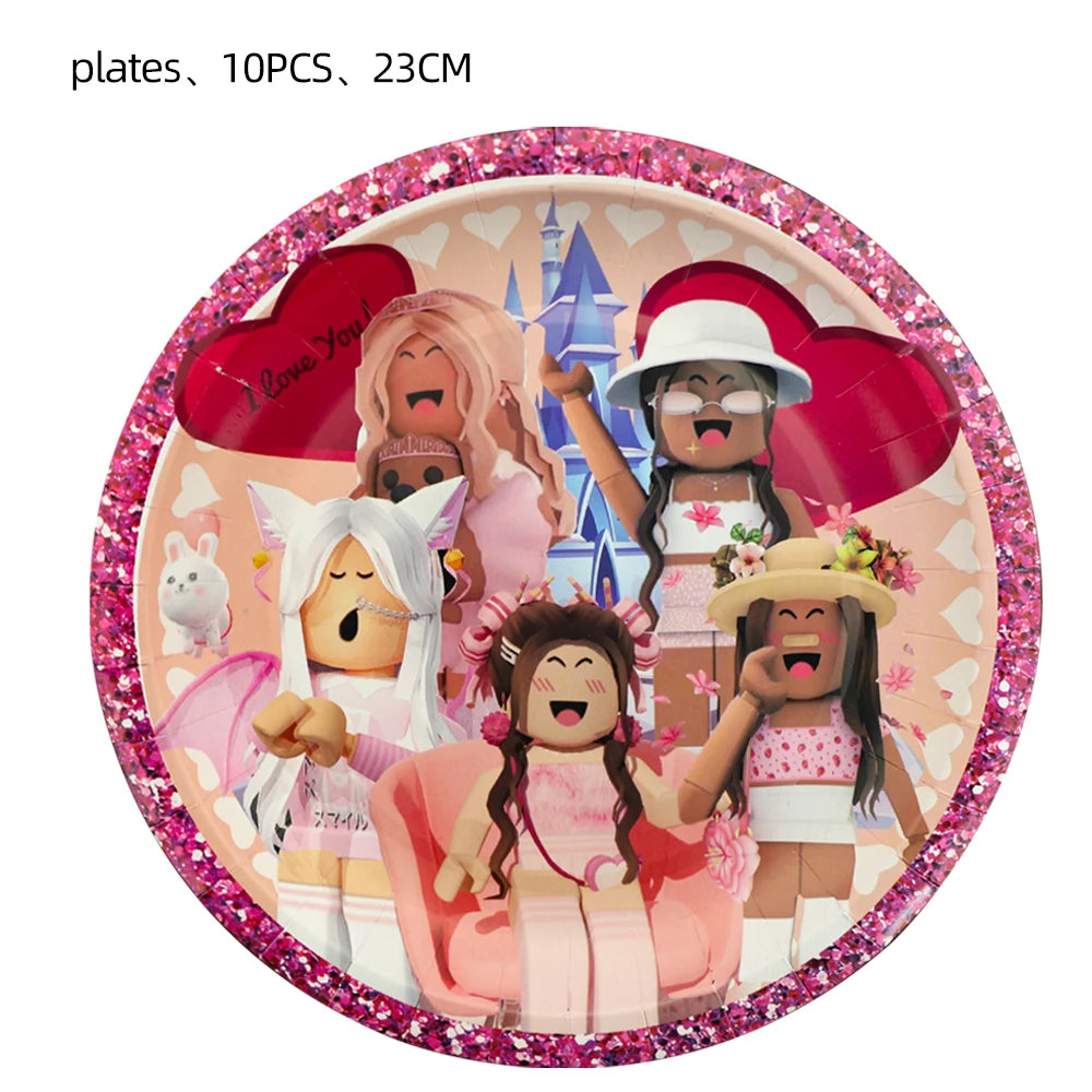 Pink Robloxed Theme Birthday Party Decorations Tableware Set Balloons Cups Plates Banner Backdrop for Girls Baby Shower Supplies