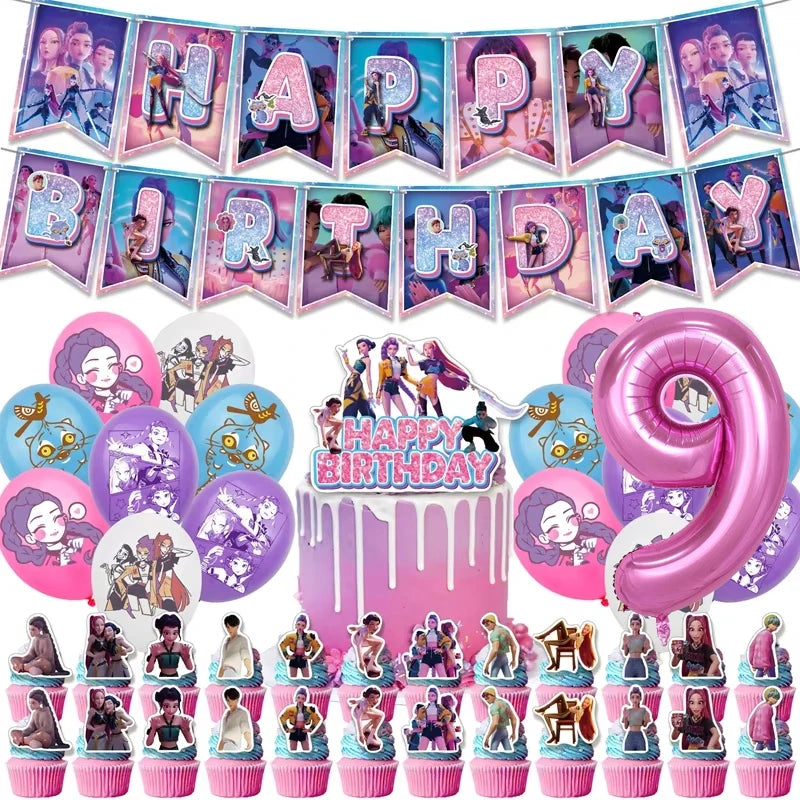 Kpop Demon Hunters Theme Disposable Tableware Set Party Supplies Huntrix Saga Boys Cake Toppings Hanging Cloth Party Decoration