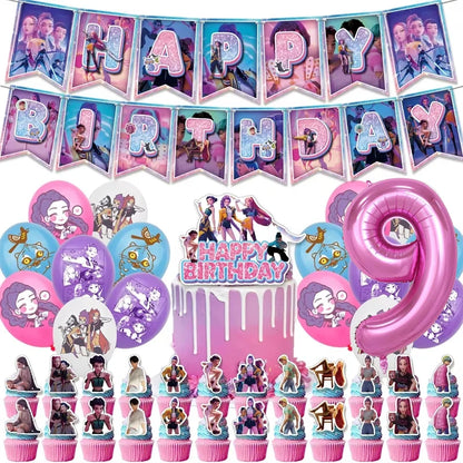 Kpop Demon Hunters Theme Disposable Tableware Set Party Supplies Huntrix Saga Boys Cake Toppings Hanging Cloth Party Decoration