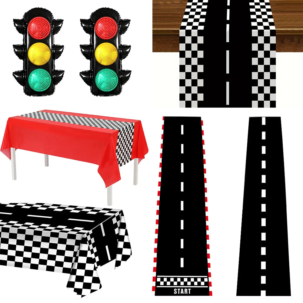 Racing Car Table Runner Tablecloths Table cover checkered flag racing road track kids Race Car Themed birthday Party Decoration