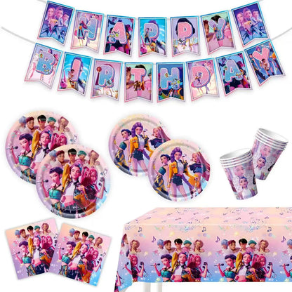 Kpop Demon Hunters Theme Disposable Tableware Set Party Supplies Huntrix Saga Boys Cake Toppings Hanging Cloth Party Decoration