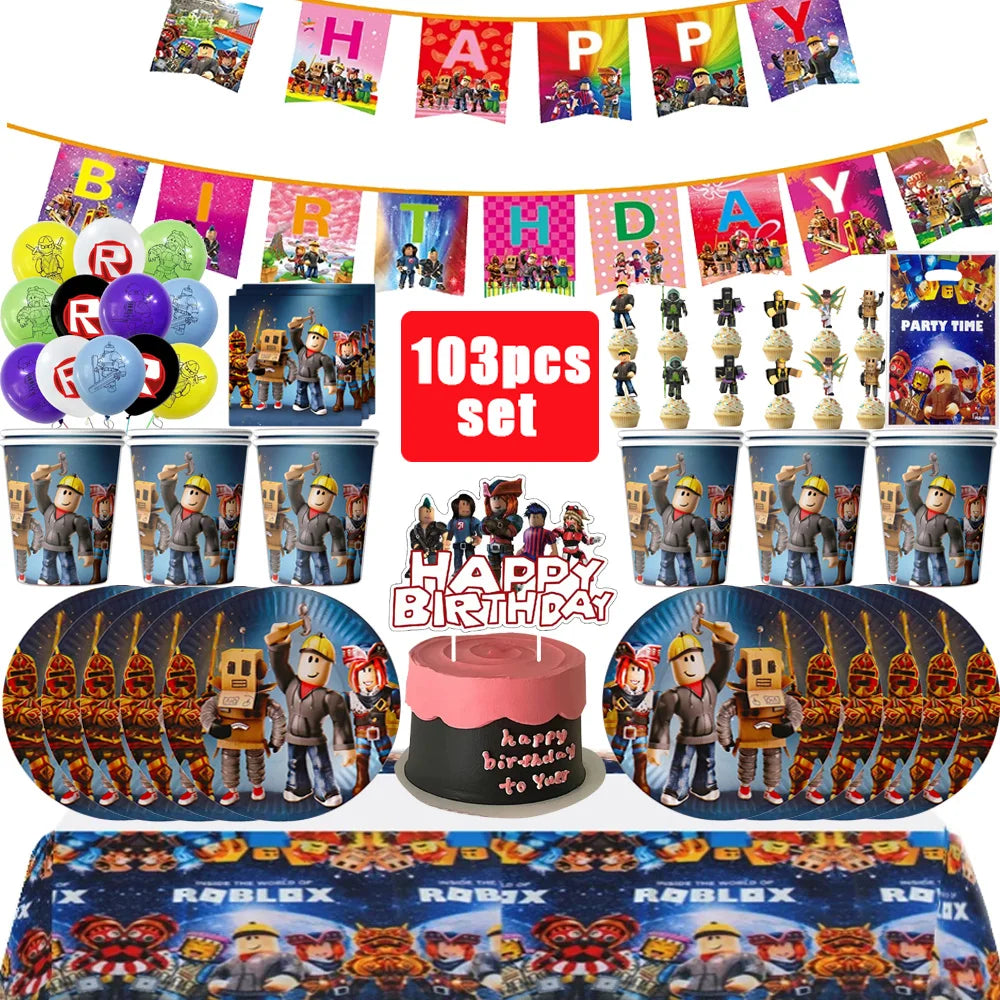 Roblox Birthday Party Decoration Roblox Game Set Tableware Tablecloth Balloon Cake Topper Backdrop Baby Showe Toy Party Supplies