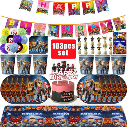 Roblox Birthday Party Decoration Roblox Game Set Tableware Tablecloth Balloon Cake Topper Backdrop Baby Showe Toy Party Supplies