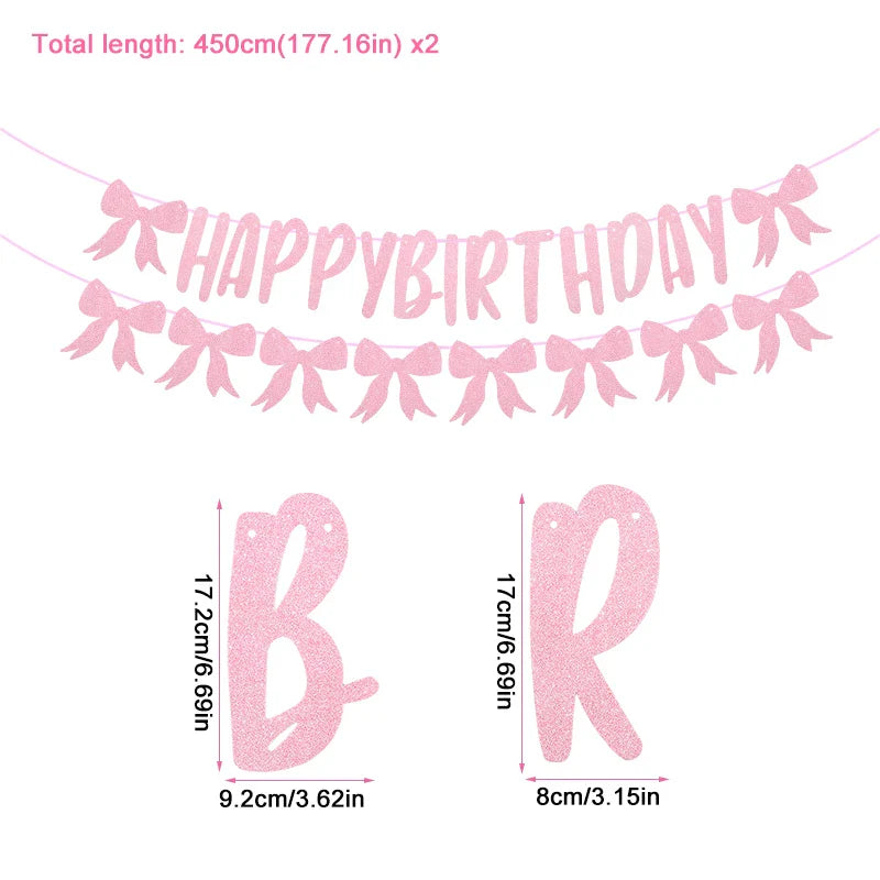 Happy Birthday Garland Pink Bow Banner Backdrops Decoration Kids Baby Shower Girl Party Supplies Bowknot Flag Hanging Decoration