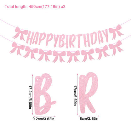 Happy Birthday Garland Pink Bow Banner Backdrops Decoration Kids Baby Shower Girl Party Supplies Bowknot Flag Hanging Decoration