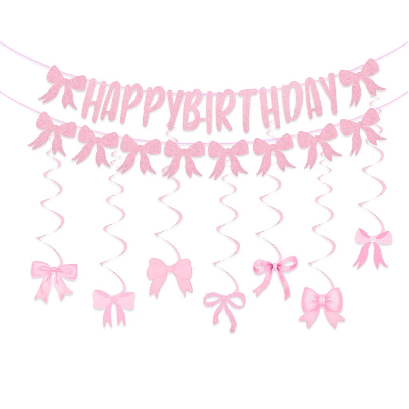Happy Birthday Garland Pink Bow Banner Backdrops Decoration Kids Baby Shower Girl Party Supplies Bowknot Flag Hanging Decoration