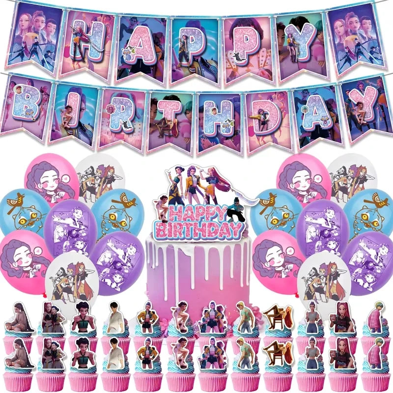 Kpop Demon Hunters Theme Disposable Tableware Set Party Supplies Huntrix Saga Boys Cake Toppings Hanging Cloth Party Decoration
