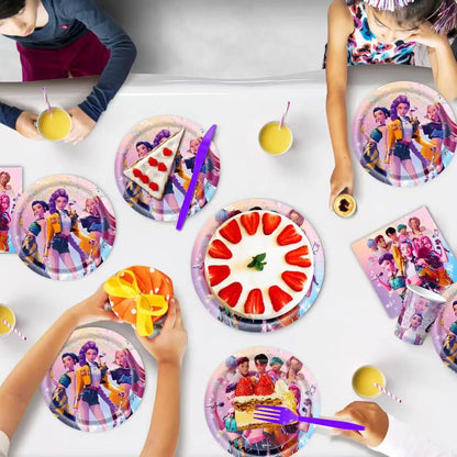 Kpop Demon Hunters Theme Disposable Tableware Set Party Supplies Huntrix Saga Boys Cake Toppings Hanging Cloth Party Decoration