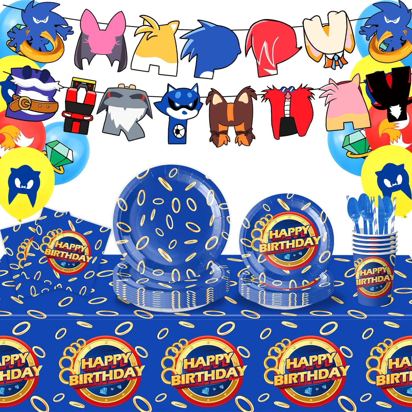 Sonic boys and girls' birthday party decorations, baby party decorations, disposable tableware stickers，tablecloths，back drop。
