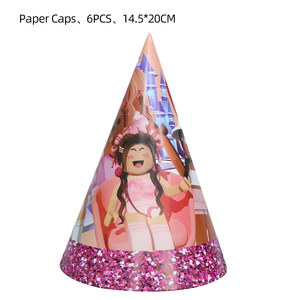 Pink Robloxed Theme Birthday Party Decorations Tableware Set Balloons Cups Plates Banner Backdrop for Girls Baby Shower Supplies