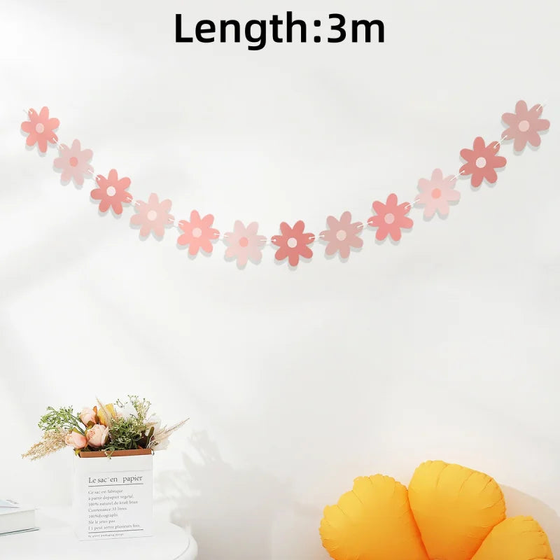 Pink Daisy Party Decor - Groovy Boho Decor Party Garland Banners - Spring Daisy Flower Cutouts Bunting Banner Flags