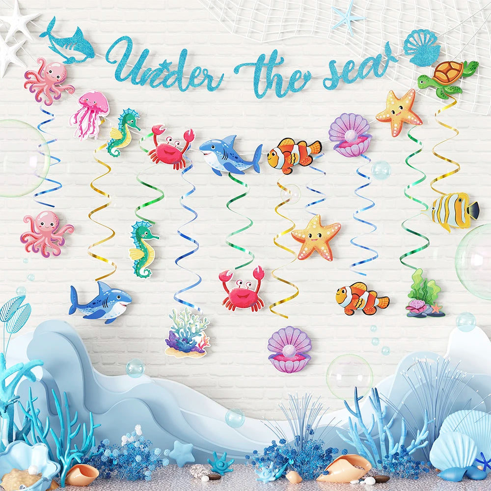 Ocean Party Decorations Under The Sea Banner Jellyfish Crab Seahorse Fish Sea Shell Hanging Swirls Baby Shower Birthday Supplies