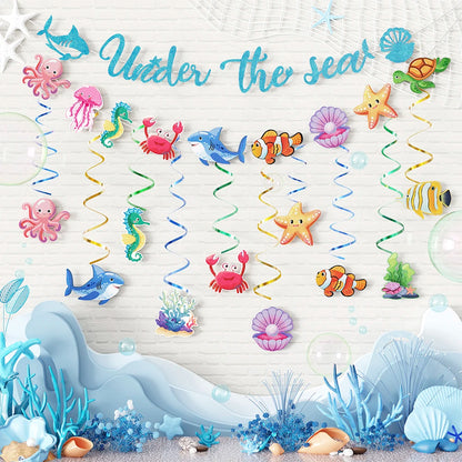 Ocean Party Decorations Under The Sea Banner Jellyfish Crab Seahorse Fish Sea Shell Hanging Swirls Baby Shower Birthday Supplies