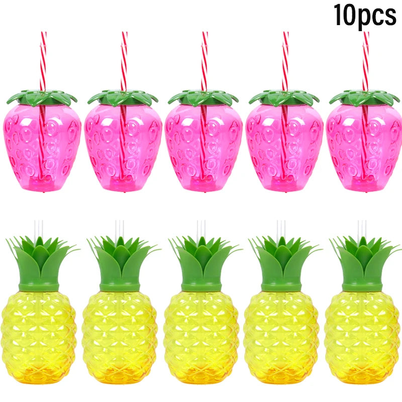 Tropical Party Decorations  Hibiscus Flower Garland Strawberry Cups Luau Grass Table Skirt Summer Beach Hawaiian Party Supplies