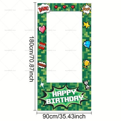 Happy Birthday Theme Party Decorations Photo Booth Frame Props Pixel Kids Game Decor Pixeled Background Banner Party Supplies