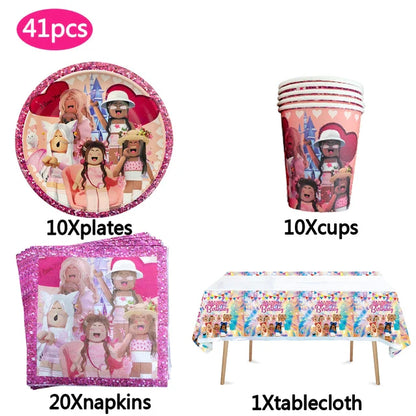 Pink Robloxed Theme Birthday Party Decorations Tableware Set Balloons Cups Plates Banner Backdrop for Girls Baby Shower Supplies