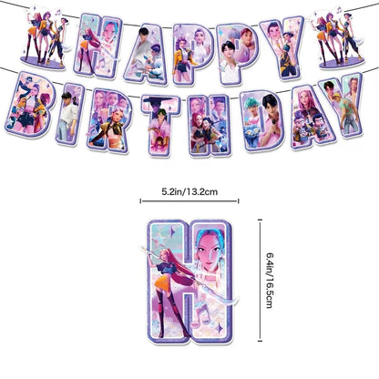Kpop Demon Hunters Theme Disposable Tableware Set Party Supplies Huntrix Saga Boys Cake Toppings Hanging Cloth Party Decoration