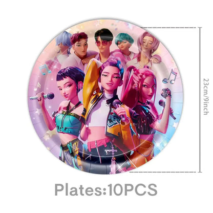 Kpop Demon Hunters Theme Disposable Tableware Set Party Supplies Huntrix Saga Boys Cake Toppings Hanging Cloth Party Decoration