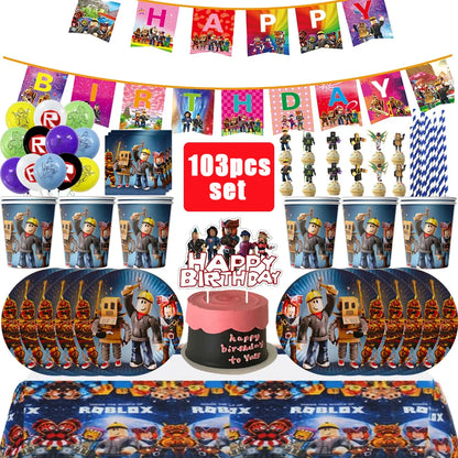 Roblox Birthday Party Decoration Roblox Game Set Tableware Tablecloth Balloon Cake Topper Backdrop Baby Showe Toy Party Supplies