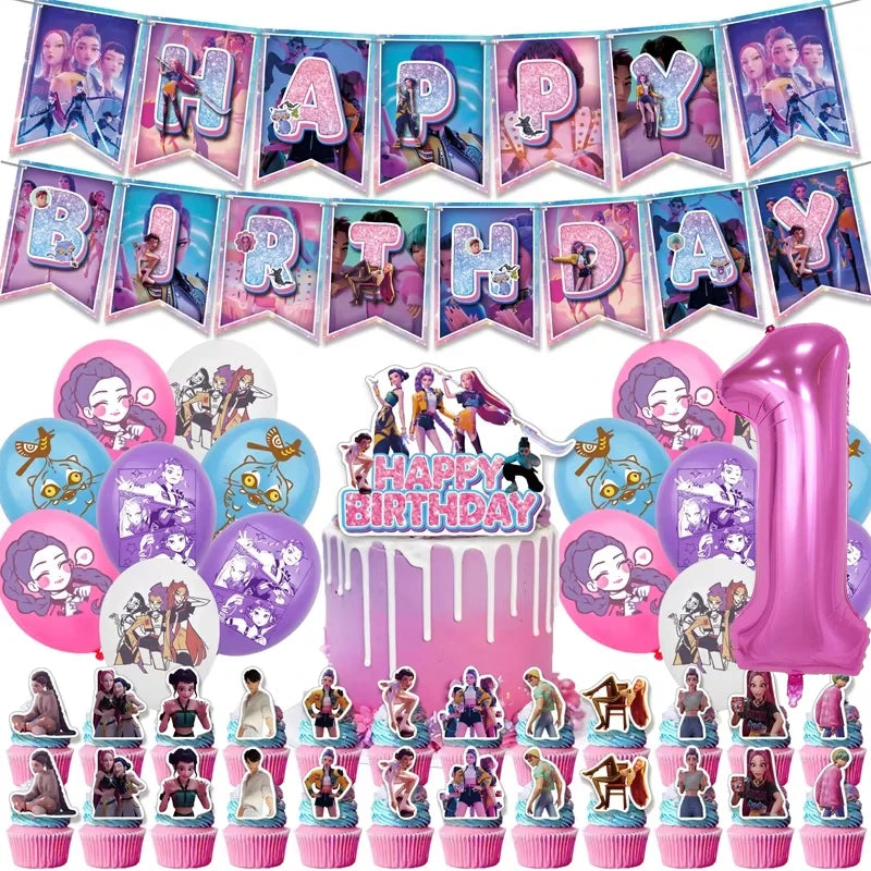 Kpop Demon Hunters Theme Disposable Tableware Set Party Supplies Huntrix Saga Boys Cake Toppings Hanging Cloth Party Decoration