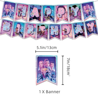Kpop Demon Hunters Theme Disposable Tableware Set Party Supplies Huntrix Saga Boys Cake Toppings Hanging Cloth Party Decoration