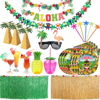 Tropical Party Decorations  Hibiscus Flower Garland Strawberry Cups Luau Grass Table Skirt Summer Beach Hawaiian Party Supplies