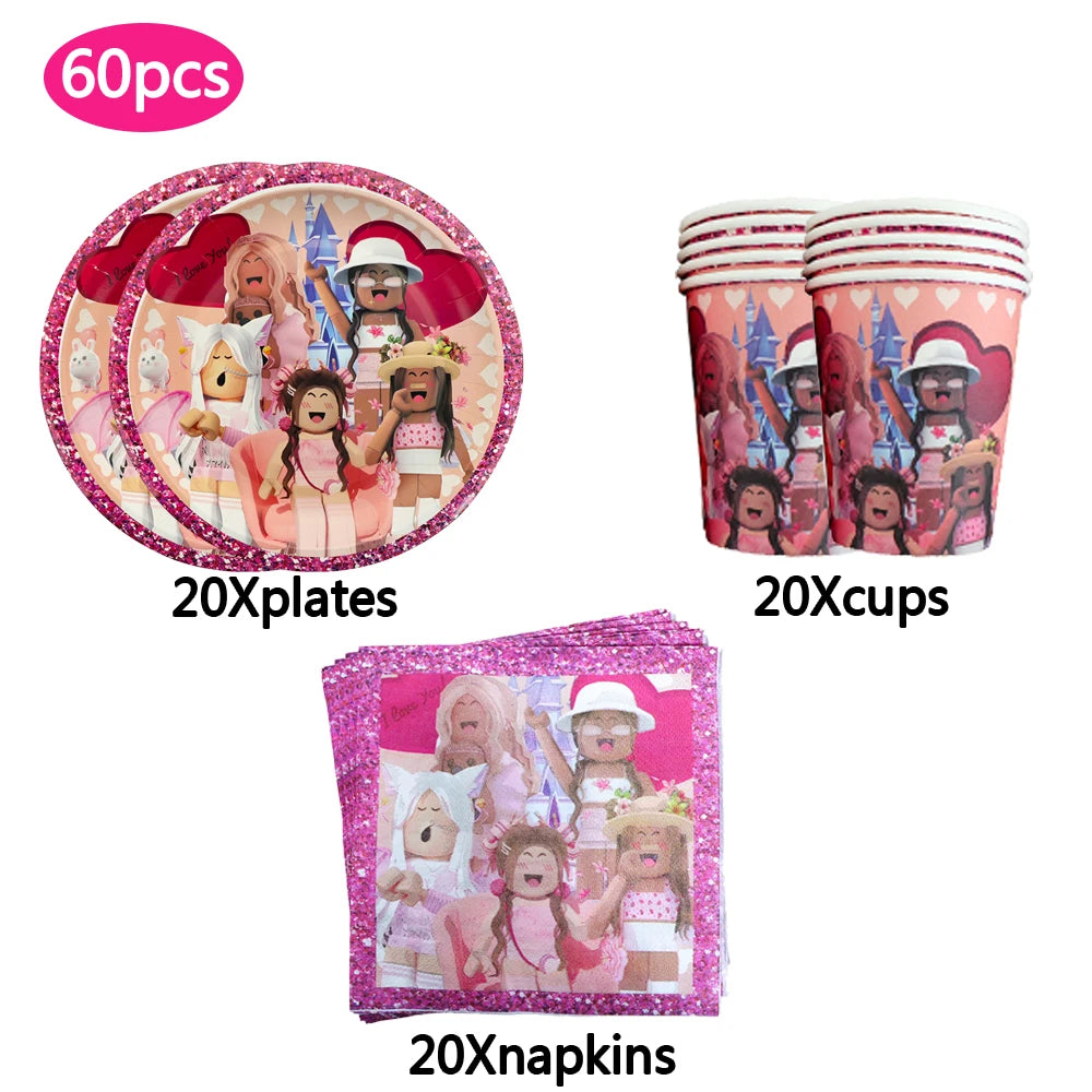 Pink Robloxed Theme Birthday Party Decorations Tableware Set Balloons Cups Plates Banner Backdrop for Girls Baby Shower Supplies