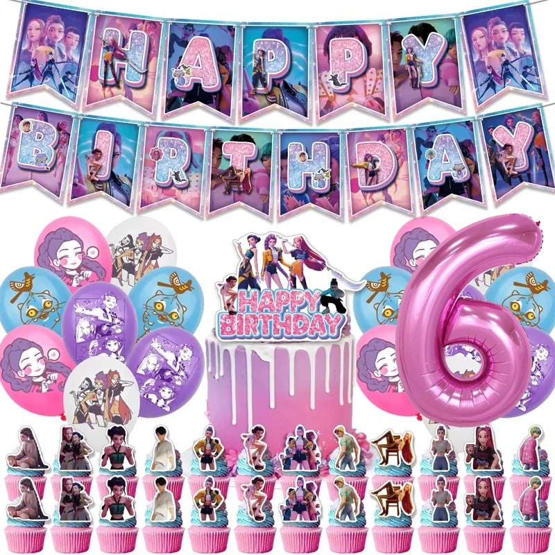 Kpop Demon Hunters Theme Disposable Tableware Set Party Supplies Huntrix Saga Boys Cake Toppings Hanging Cloth Party Decoration