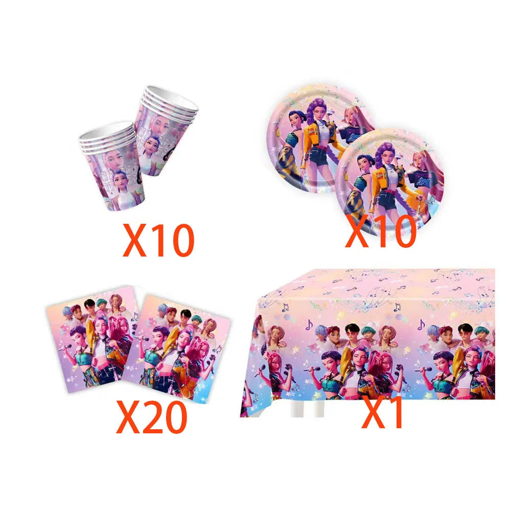Kpop Demon Hunters Theme Disposable Tableware Set Party Supplies Huntrix Saga Boys Cake Toppings Hanging Cloth Party Decoration
