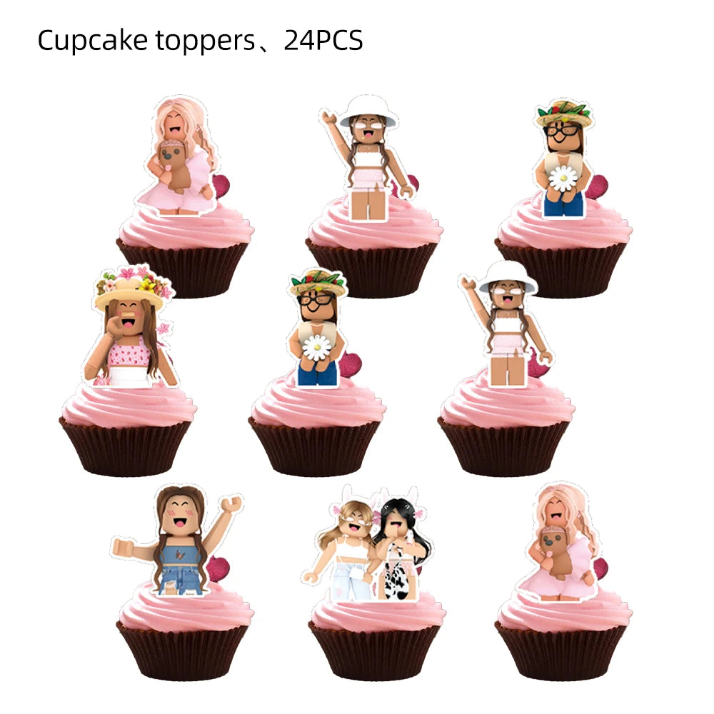 Pink Robloxed Theme Birthday Party Decorations Tableware Set Balloons Cups Plates Banner Backdrop for Girls Baby Shower Supplies