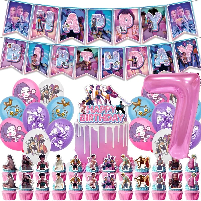 Kpop Demon Hunters Theme Disposable Tableware Set Party Supplies Huntrix Saga Boys Cake Toppings Hanging Cloth Party Decoration