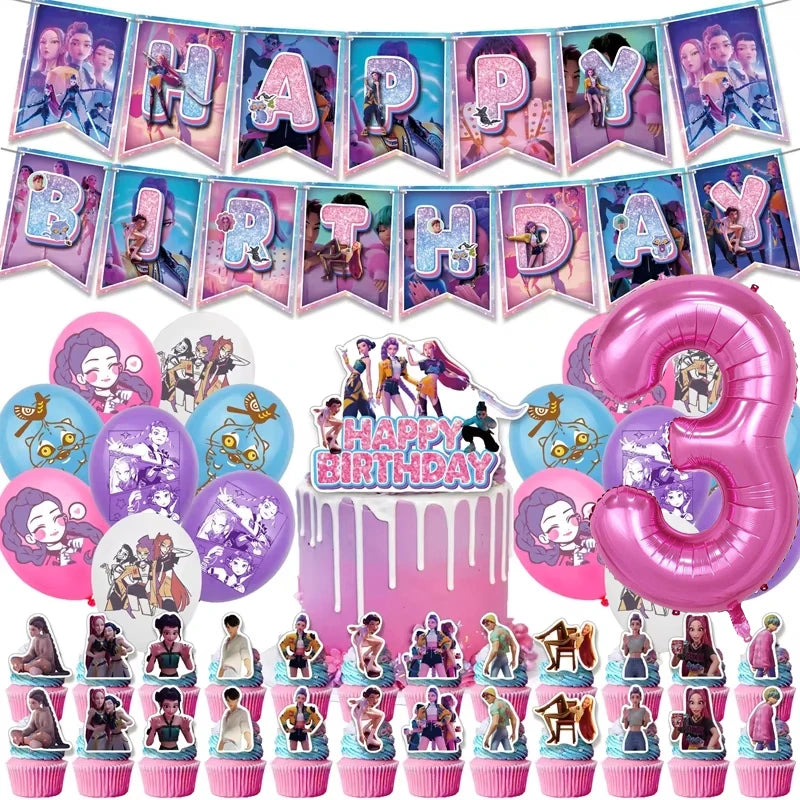 Kpop Demon Hunters Theme Disposable Tableware Set Party Supplies Huntrix Saga Boys Cake Toppings Hanging Cloth Party Decoration