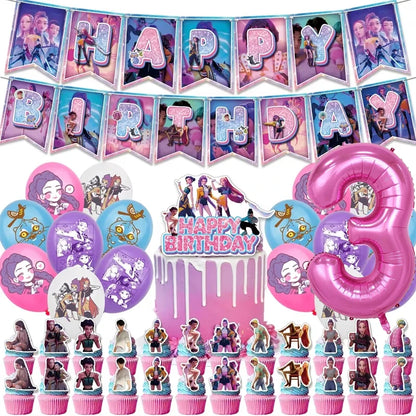 Kpop Demon Hunters Theme Disposable Tableware Set Party Supplies Huntrix Saga Boys Cake Toppings Hanging Cloth Party Decoration