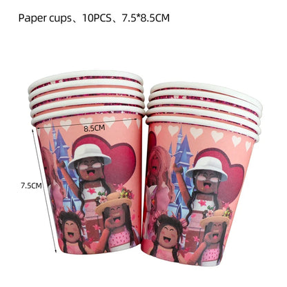 Pink Robloxed Theme Birthday Party Decorations Tableware Set Balloons Cups Plates Banner Backdrop for Girls Baby Shower Supplies